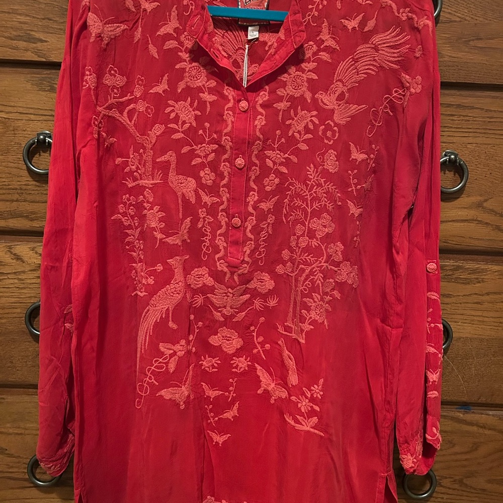 Johnny Was Crimson Embroidered Top